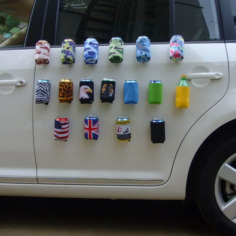 Assorted patterned magnetic sleeves on a parked vehicle panel