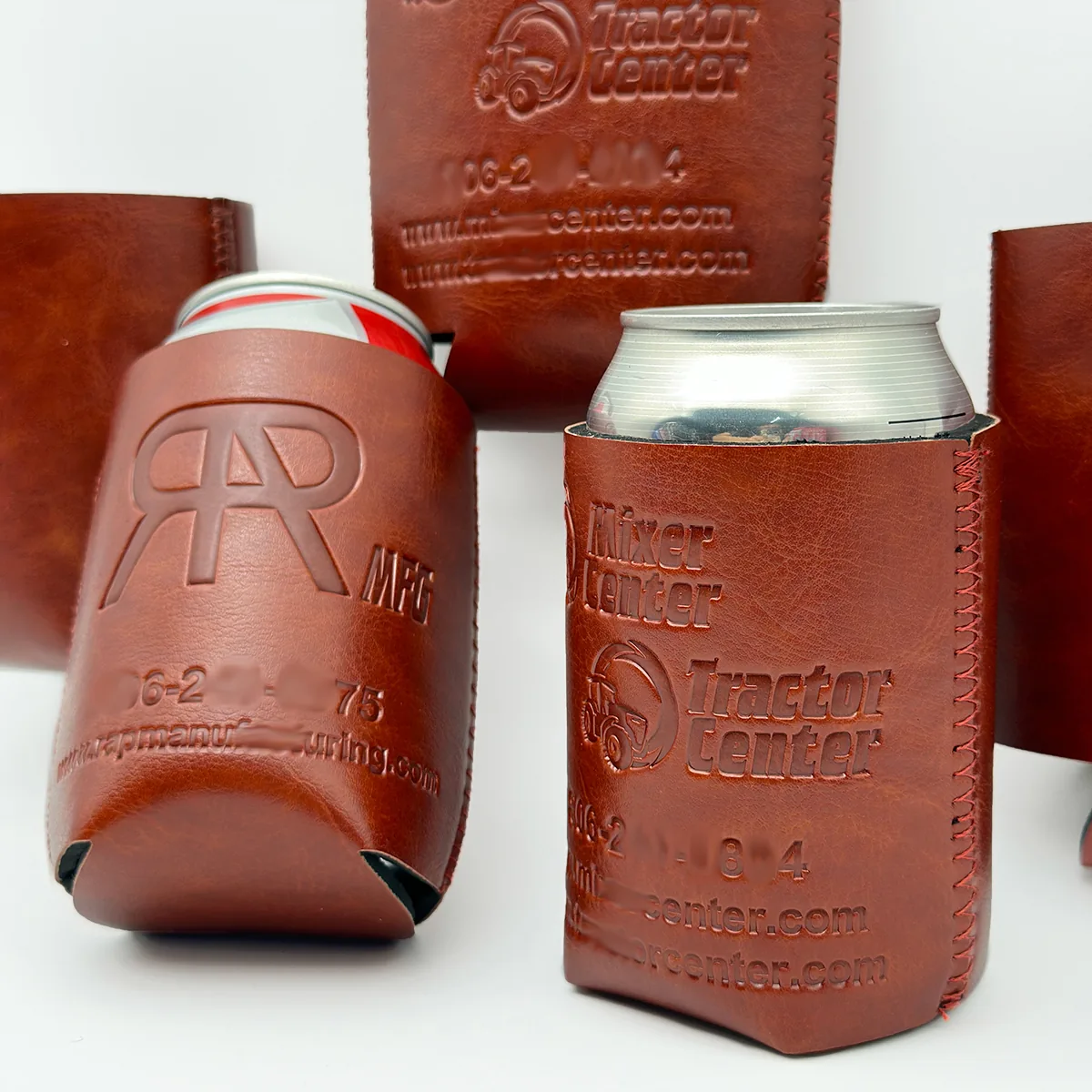 Close-up of debossed artwork on brown PU sleeves