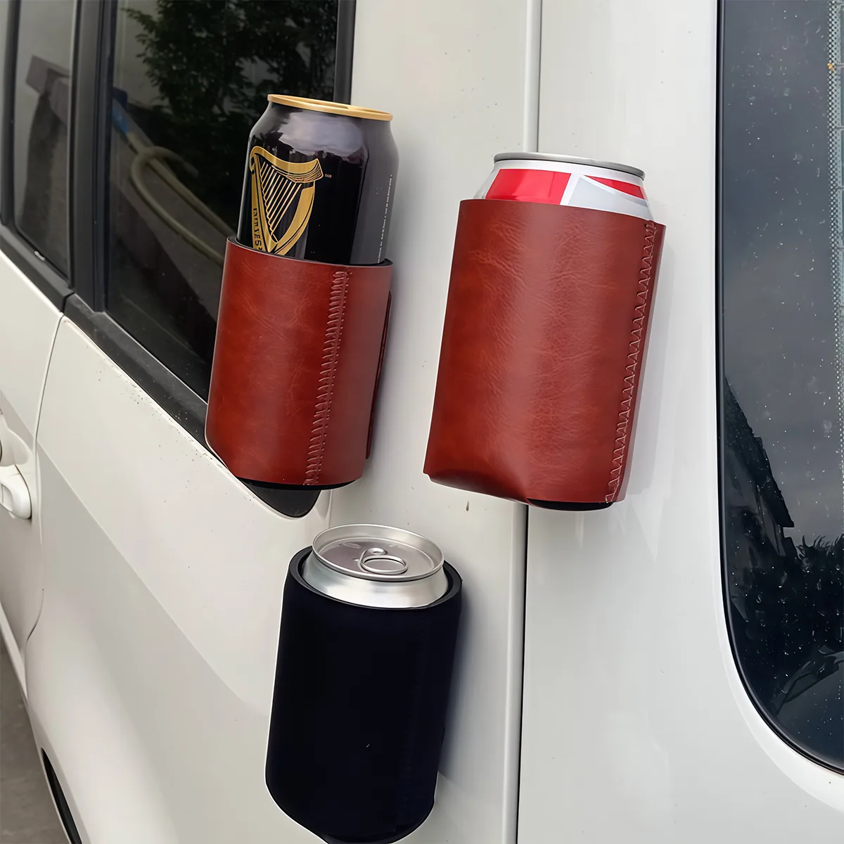 Brown PU sleeves attached to a stationary vehicle panel