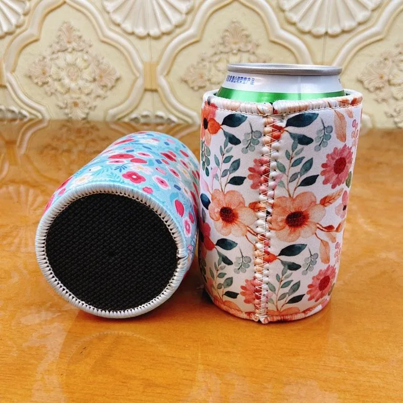 Floral stubby holders showing a sewn round base and body seam
