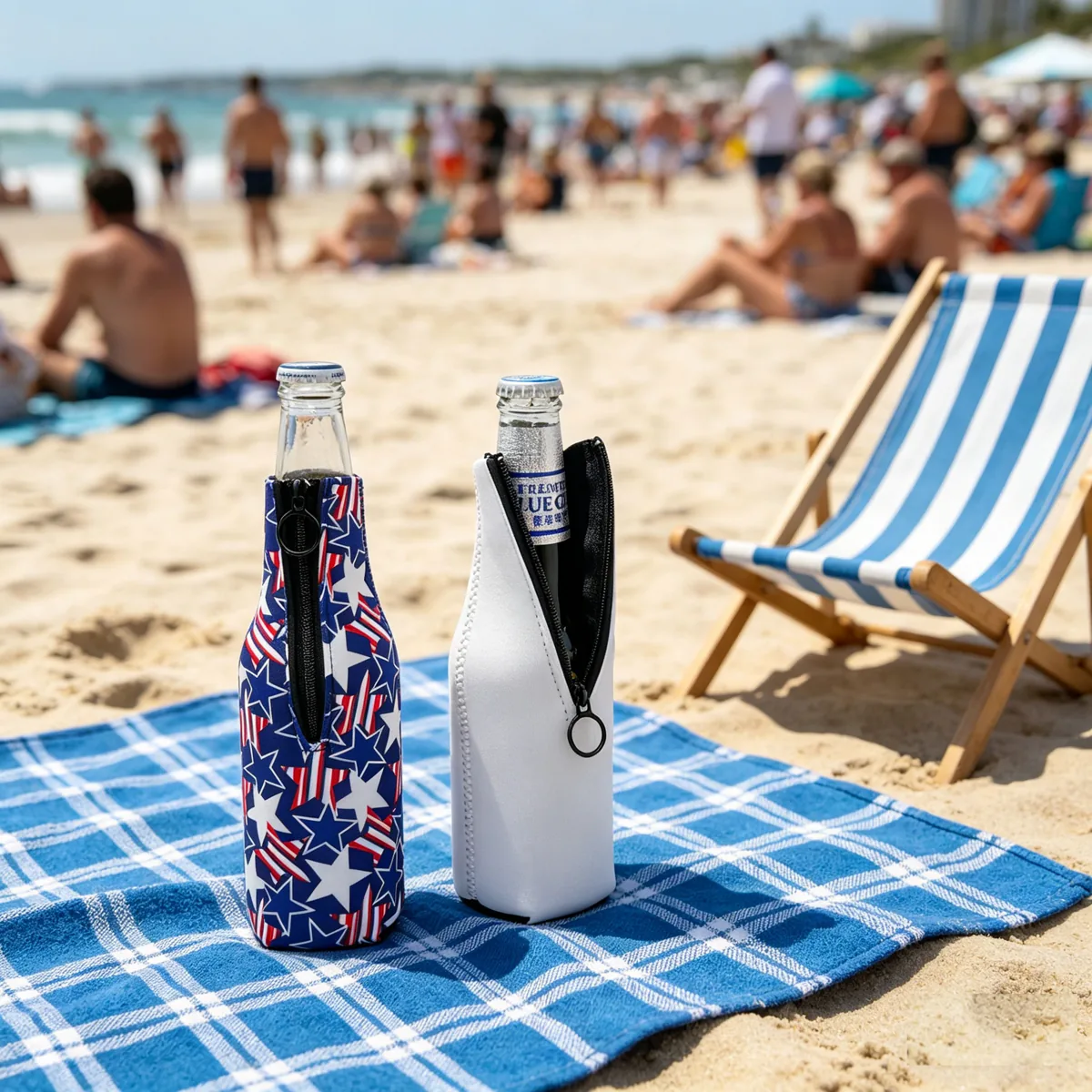 Illustrated beach setting with two zippered bottle sleeves