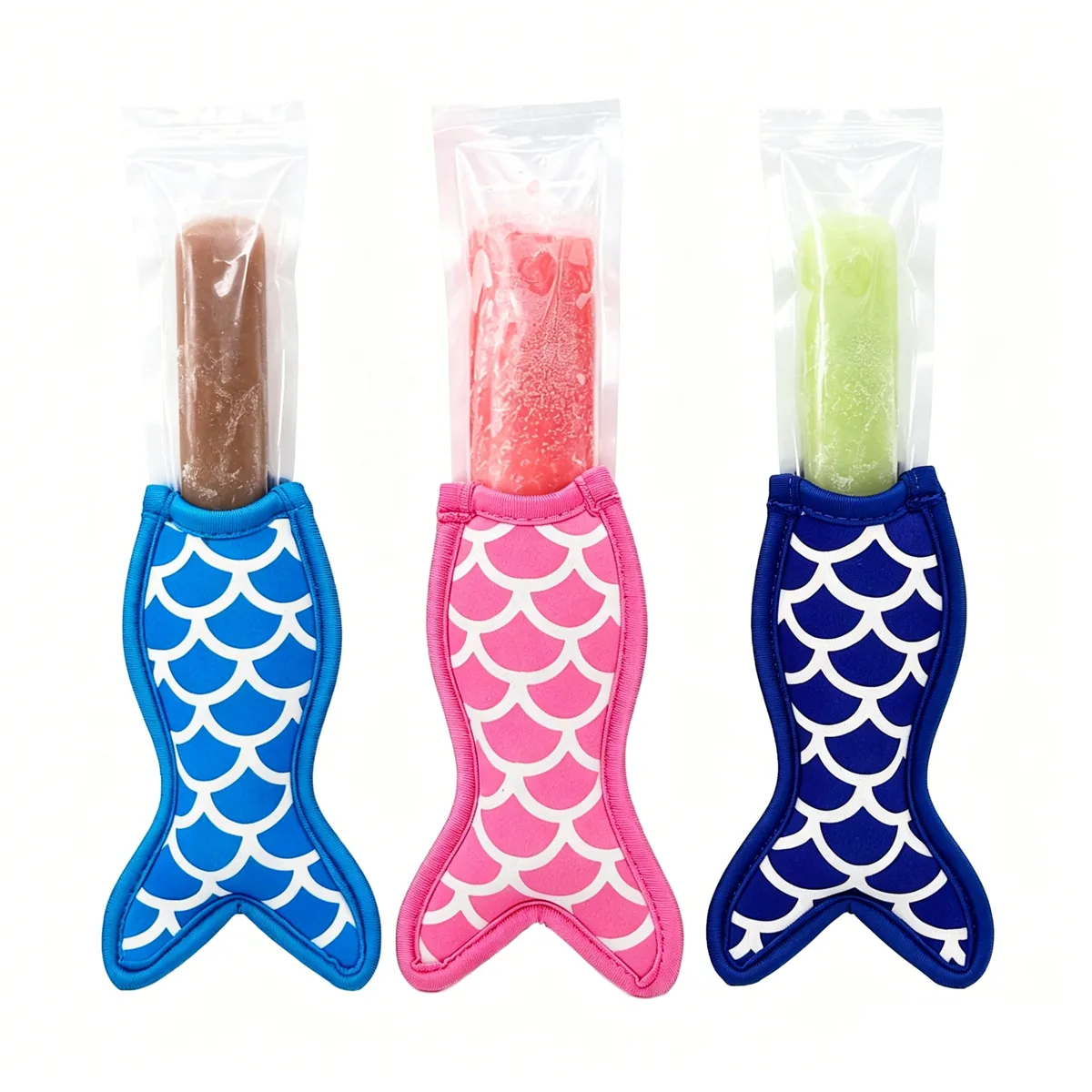 Three fish-tail sleeves holding sealed ice-pop bags