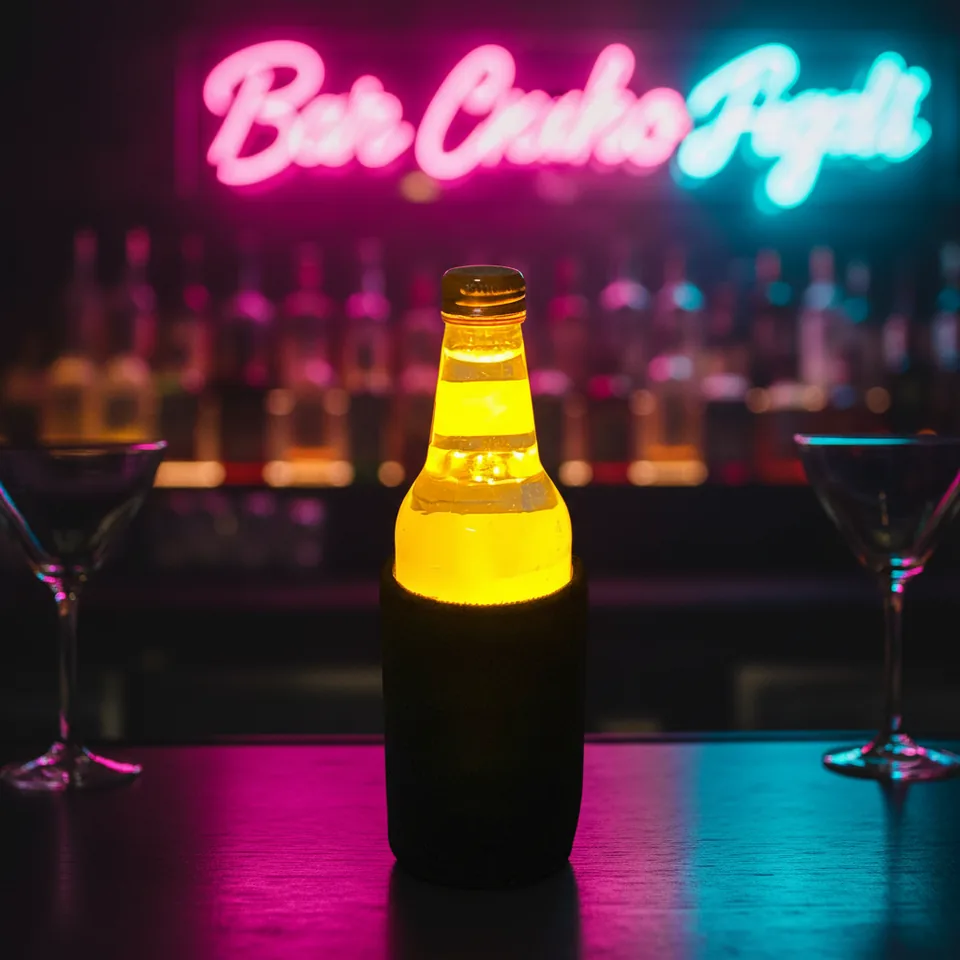 Illustrated bar setting with an illuminated bottle sleeve