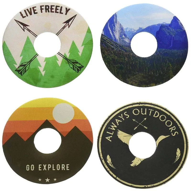 Four outdoor-themed prints arranged around circular ring openings
