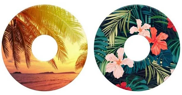 Two tropical artwork examples on circular neoprene rings