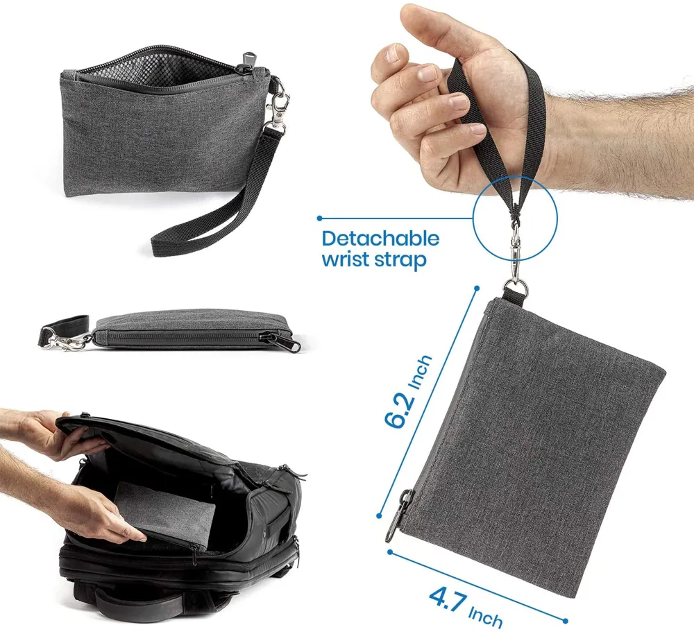 Supplier photo collage showing the detachable wrist strap, size reference and bag storage