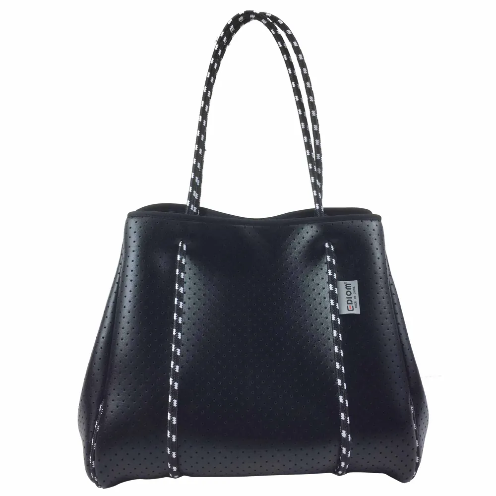 Black perforated tote with black and white rope handles
