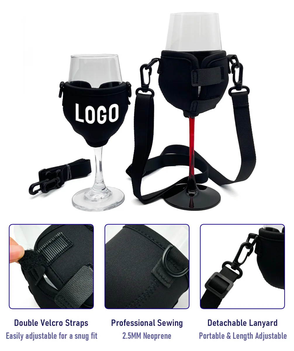 Wine glass holder showing two back tabs, sewing and removable clips