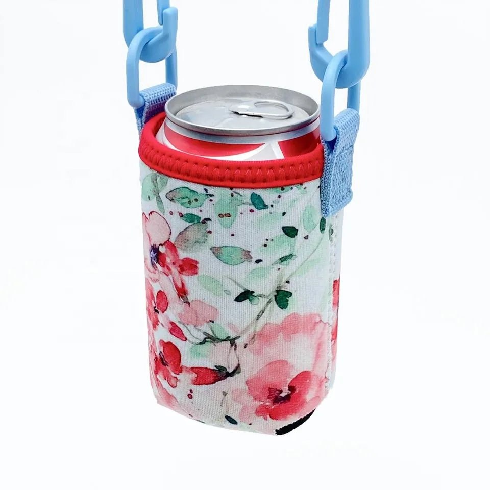 Close-up of side loops, clips and bound rim on a floral can cooler