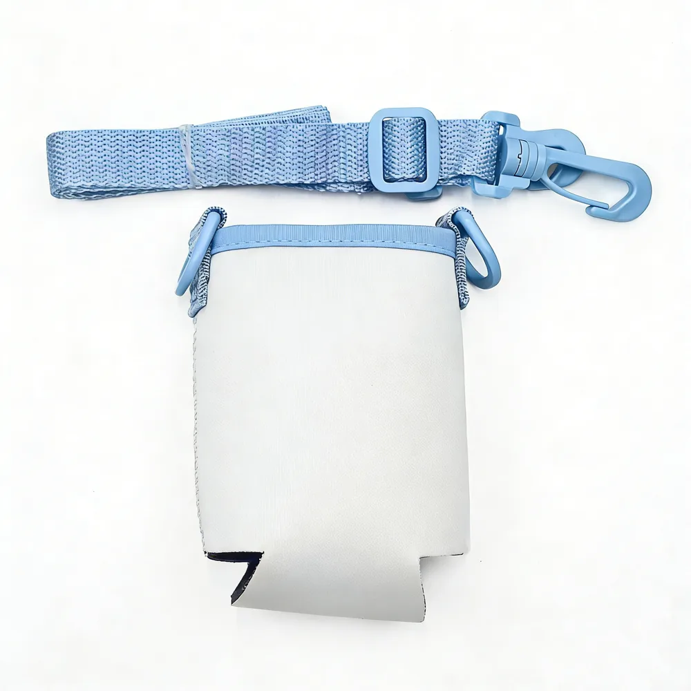 White can cooler blank with blue clips and strap