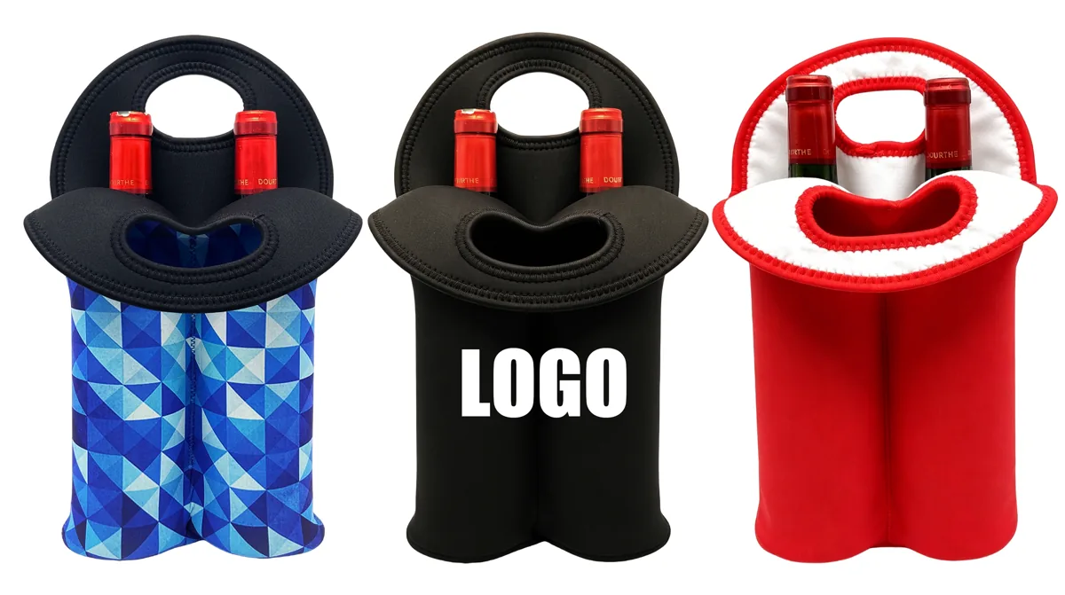 Printed, plain and logo examples of the double wine carrier