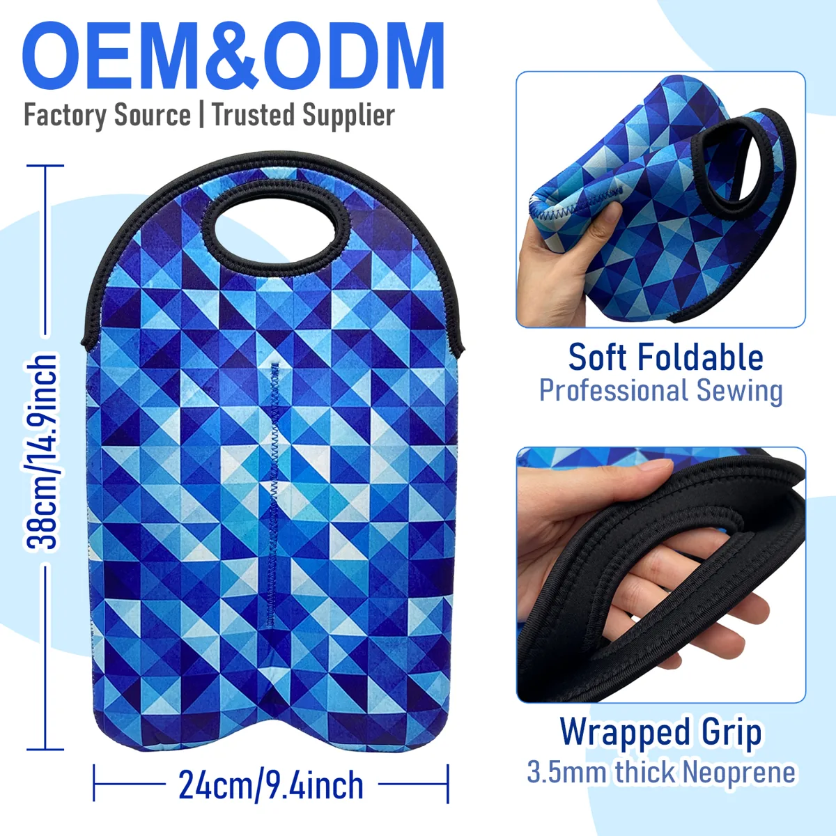 Reference flat dimensions, bound handle and folding details of the double wine carrier